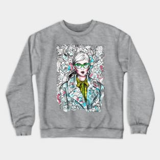 Woman Wearing Glasses in a Floral Pattern. Crewneck Sweatshirt